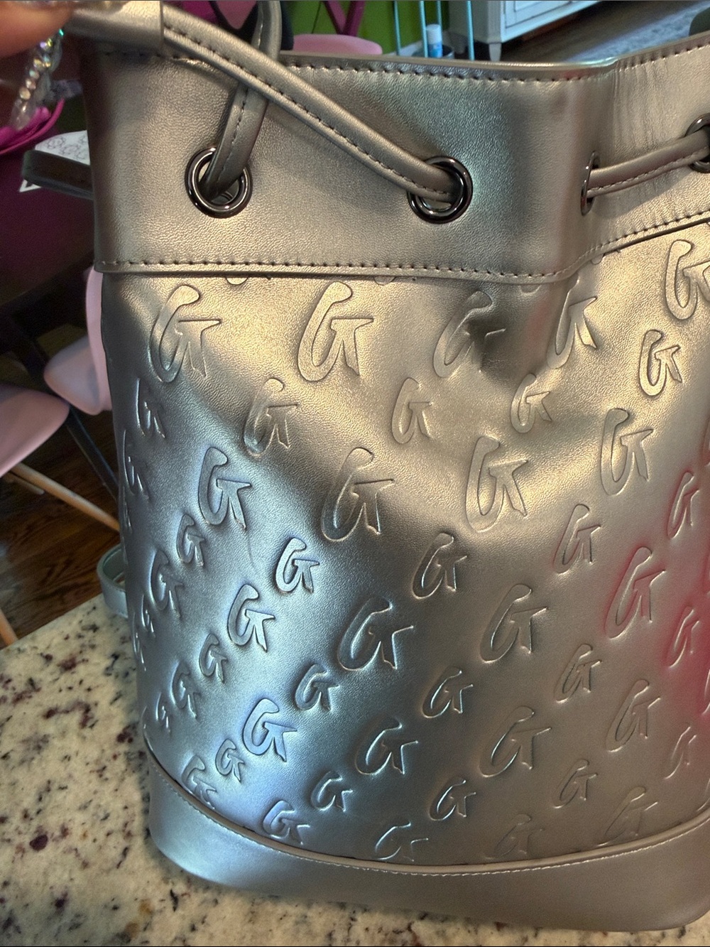 Glam-Aholic Monogram Metallic Silver Embossed Drawstring Bucket Shoulder Bag - Picture 9 of 15